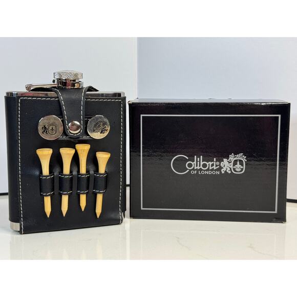 Colibri of London Stainless Steel 8 oz. Golf Flask & Tees RARE - Picture 1 of 10